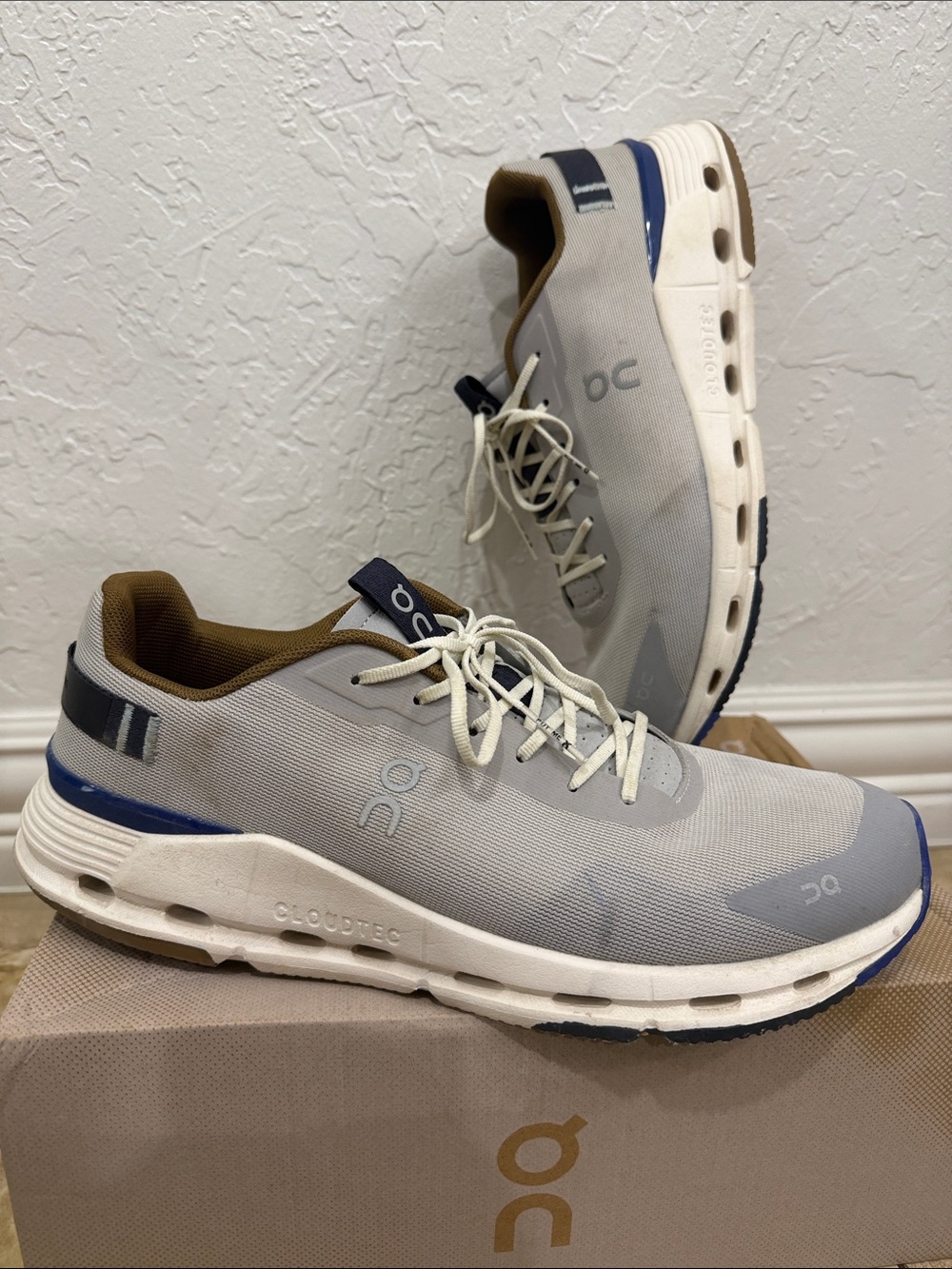 On Running Men's Athletic Shoes Gray with Blue and Brown Accents